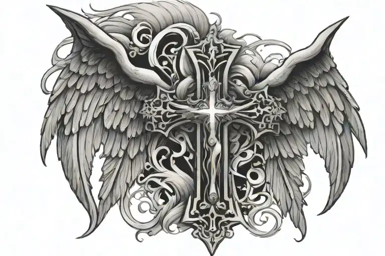 Gangsta cross with angel wings tattoo design idea