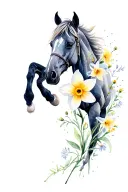 daffodil and aster intertwined around horse tattoo design idea