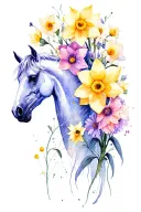 daffodil and aster intertwined around horse tattoo design idea