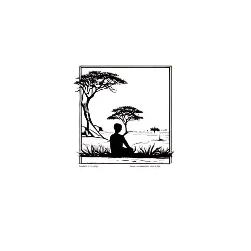 border rectangle with Africa scape inside. acacia tree and boy facing away sitting on the ground. fine line/simplistic tattoo design idea