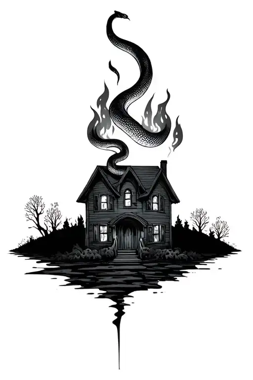 burning house with snake inside tattoo design idea