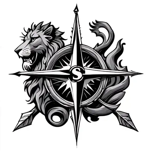 arrow, lion, compass tattoo design idea
