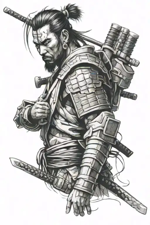 cyberpunk samurai standing tattoo design idea