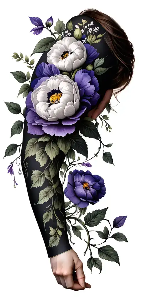 Arm sleeve with a mix of violets, primrose, peony vine wrapping tattoo design idea