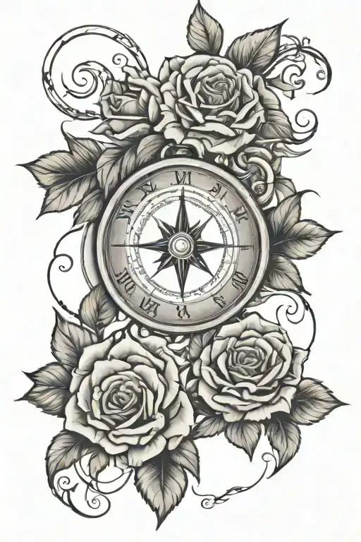 Shoulder tattoo with a compass, roses, and my son’s name and footprints tattoo design idea