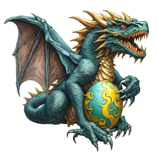 Angry dragon holding her egg tattoo design idea