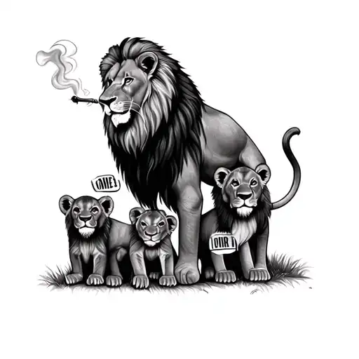Rasta lion smoking a spliff with four lion cubs back piece tattoo lion cubs have hidden names in them cubs one jack cubs tattoo design idea