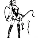 A powerful dominatrix figure with a whip and a key, surrounded by elements of bondage and control tattoo design idea