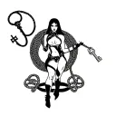A powerful dominatrix figure with a whip and a key, surrounded by elements of bondage and control tattoo design idea