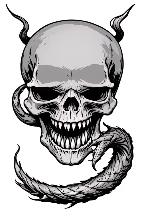 skull with fangs biting its tail tattoo design idea