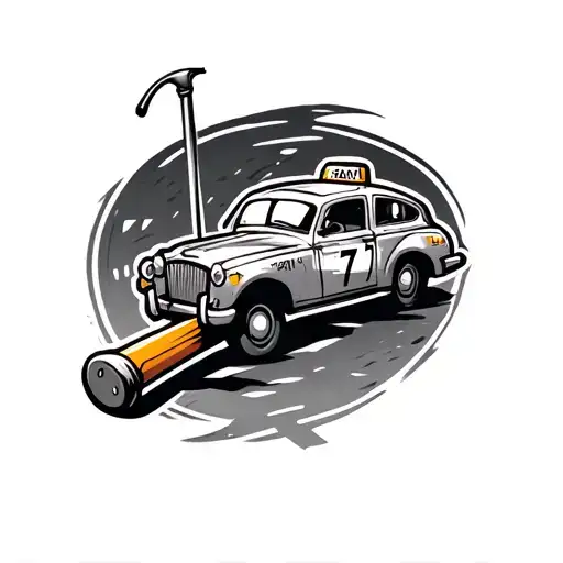 Ball-peen hammer where the handle turns into a road with a lil cartoony taxi driving on the road with the number 77 onit tattoo design idea