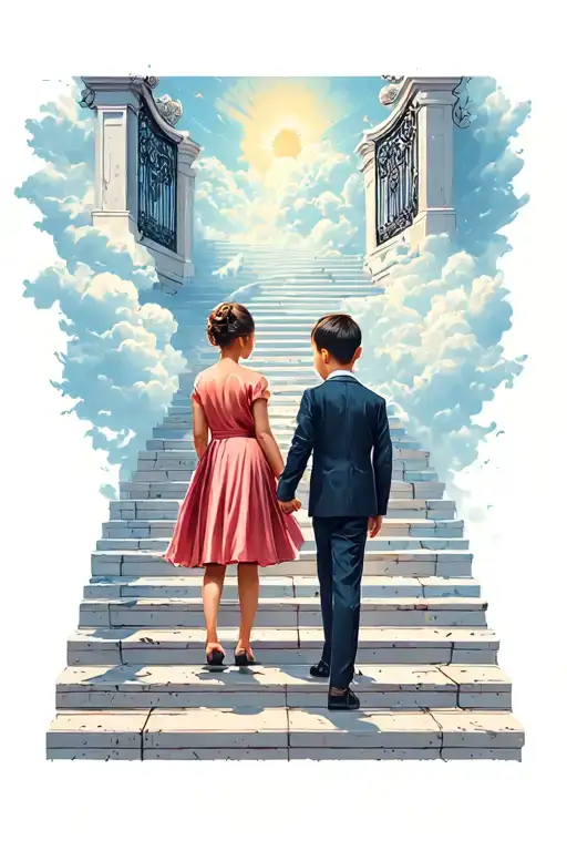 15 stairs leading to heaven holding hands shadows clouds gates sleek woman in dress clothes blazer child boy in clothes  tattoo design idea