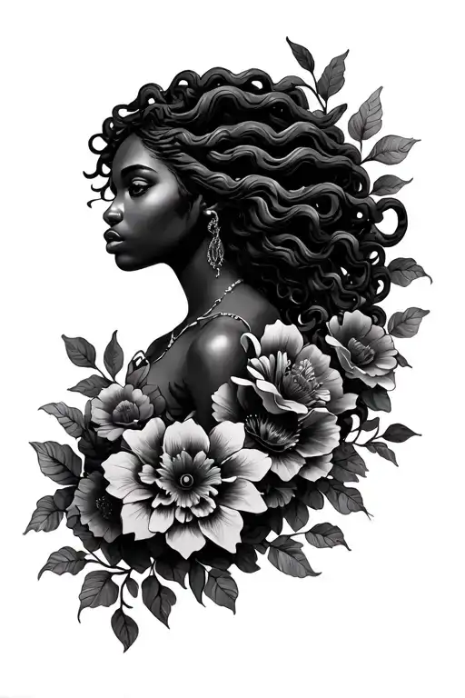 african american medusa with flowers intertwined tattoo design idea