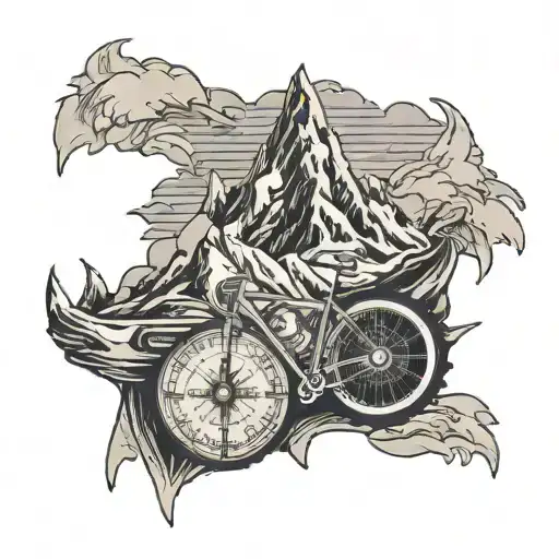 mount everest with compass card inside and a bike cassette tattoo design idea