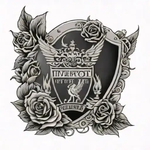 A stylized football with the Liverpool logo incorporated, surrounded by a wreath of roses symbolizing family love tattoo design idea