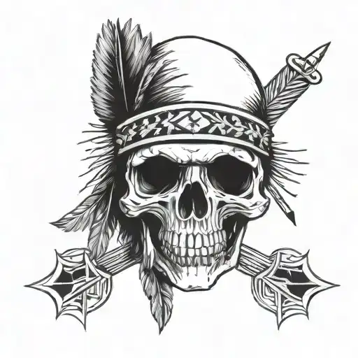 Skull with cross arrows and a dagger through it on the bottom, and a native Americans headdress on (simple line art) tattoo design idea