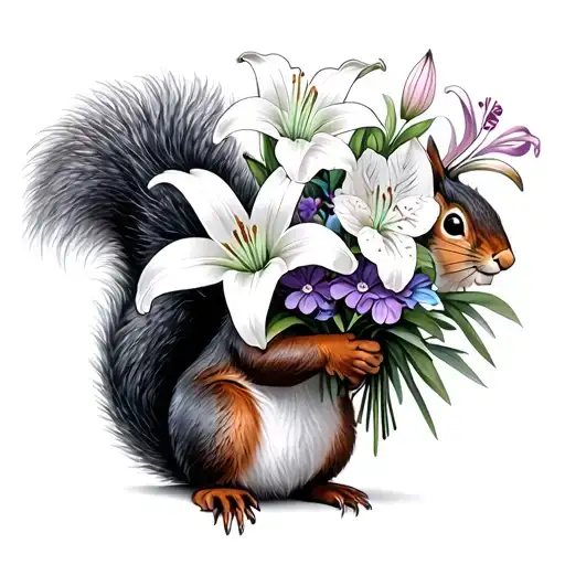 squirrel holding a bouquet with lily, violet, carnation, and two amaryllis flowers tattoo design idea