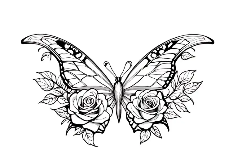 tribal tattoo with a butterfly adorned with roses in the middle tattoo design idea