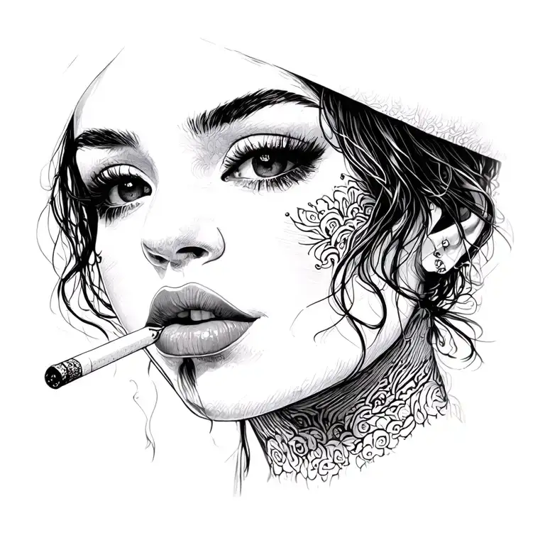 Blackwork Girl in a mask on the head and face can be seen only lips with eyebrows, pupils do not Nariso smokes a cigarette not realism tattoo design idea