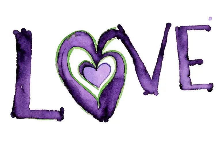 word "LOVE" dark purple with green outline with thumb print heart for the letter "o" tattoo design idea