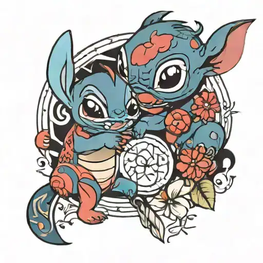 small “a” intitial with lilo and stitch tattoo design idea