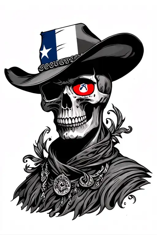 elaborate skull with texas flag in left eye and chicago flags in right eye tattoo design idea