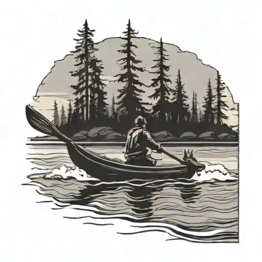 silhouette of two guys in a canoe chasing a moose tattoo design idea