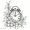 lilies surrounding a clock landing on 11:59 pm tattoo design idea