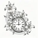 lilies surrounding a clock landing on 11:59 pm tattoo design idea