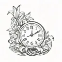 lilies surrounding a clock landing on 11:59 pm tattoo design idea