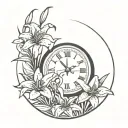 lilies surrounding a clock landing on 11:59 pm tattoo design idea