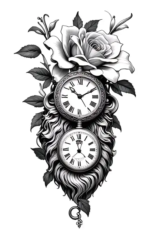 rose, lily, pocket watch, lion statue tattoo design idea