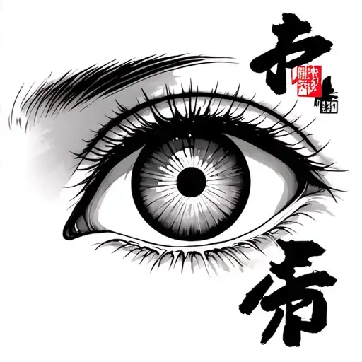 A manga stylish eye with Japanese Kanji Fukushuu tattoo design idea