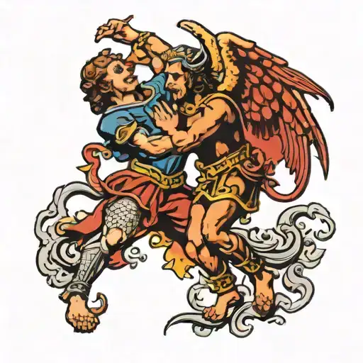 Saint Micheal and the devil fighting each other tattoo design idea