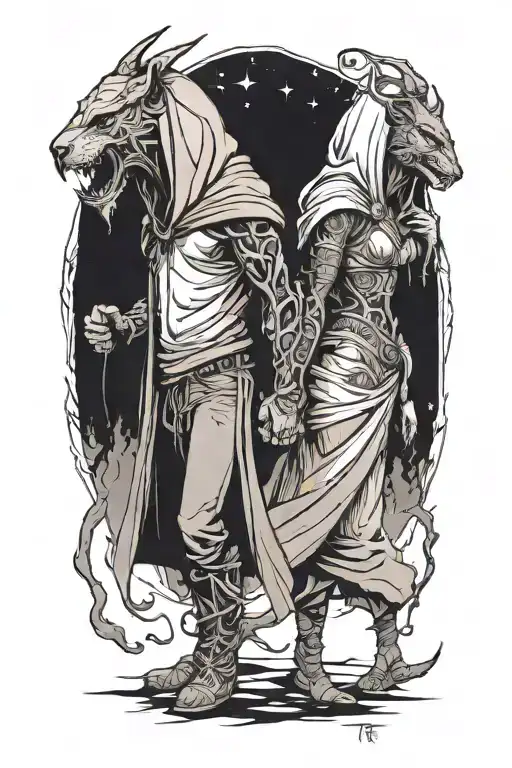 a girl and a huge hooded beast walking side by side holding hands tattoo design idea