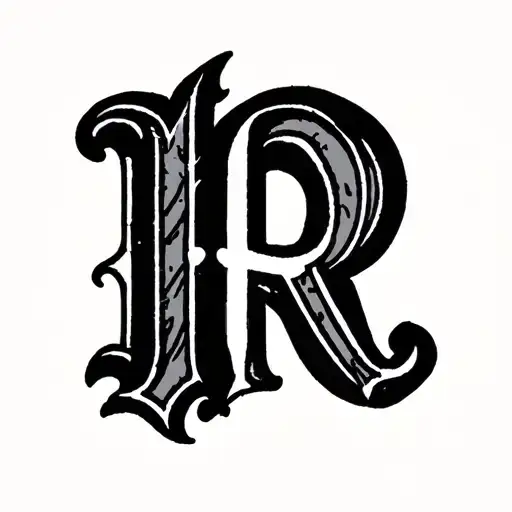 letter R with tiny heart symbol down on the right side ,without any background  tattoo design idea