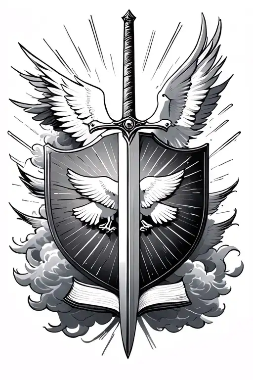 •	Textured shading on the Bible, sword, and shield	•	Layered clouds and radiant light beams	•	Doves with feather detai tattoo design idea