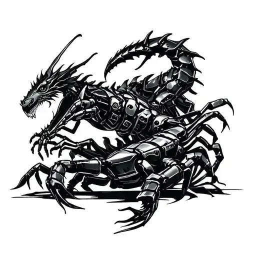 A futuristic cyberpunk scene of a scorpion battling a mechanical dragon in a gaming arena tattoo design idea