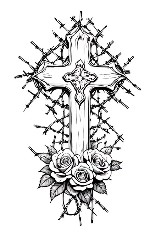 cross surrounded by barbed wire and roses tattoo design idea