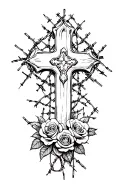 cross surrounded by barbed wire and roses tattoo design idea