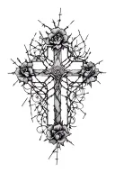 cross surrounded by barbed wire and roses tattoo design idea