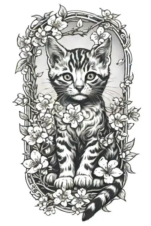 Cute kitten surrounded by cherry blossoms tattoo design idea