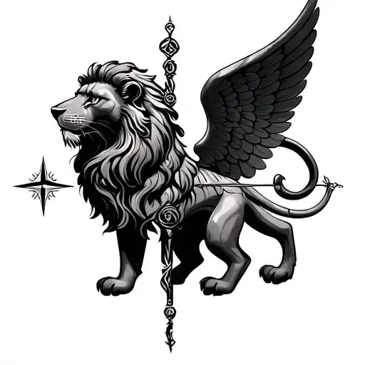 black scottish lion, compass, angel wings tattoo design idea
