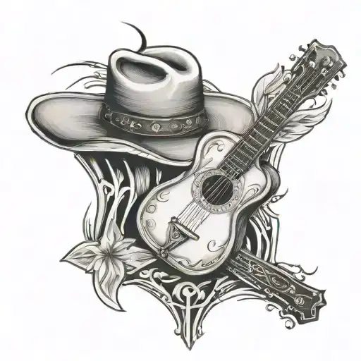 A cross with a guitar and cowboy hat tattoo design idea