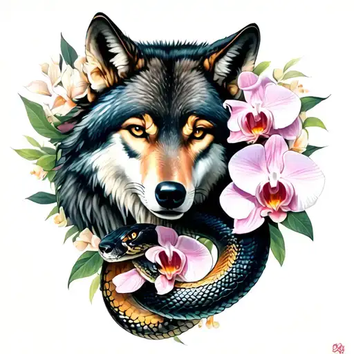 neo traditional wolf and snake for a woman surrounded by orchid flowers tattoo design idea