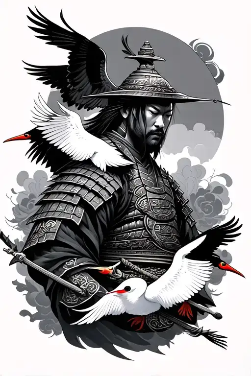 Samurai warrior tattoo and two cranes tattoo design idea