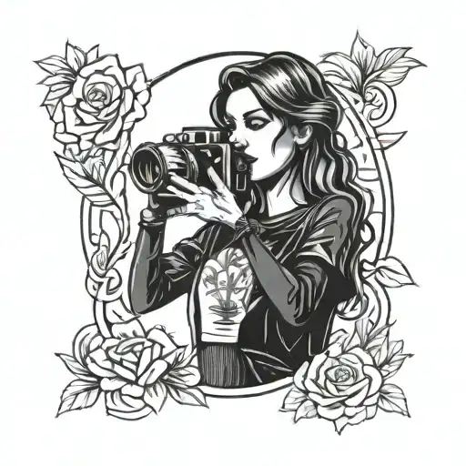 A tattoo design featuring a strong and empowering woman holding a camera, symbolizing your passion for photography and your admiration for women in the LGBT community tattoo design idea