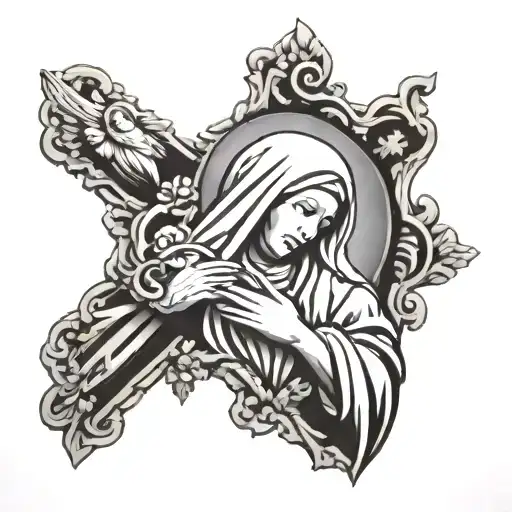 Virgin Mary praying hands surrounded tattoo design idea