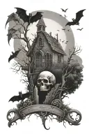 graveyard sceen with path, trees growing, bats flying, skull, spooky tattoo design idea