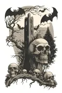 graveyard sceen with path, trees growing, bats flying, skull, spooky tattoo design idea